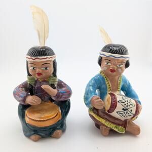 Vintage 1950s Indigenous American Indian Drummers Ceramic Figurines Enesco Japan